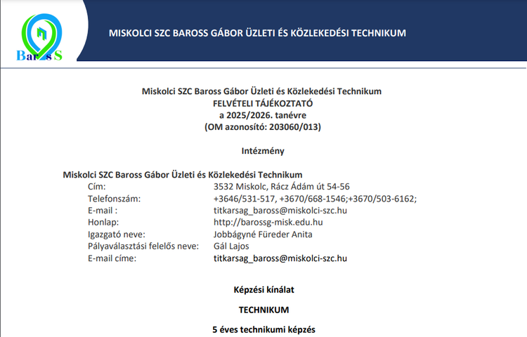 Felvételi Tájékoztató a 2025/2026. tanév beiskolázási eljárásához